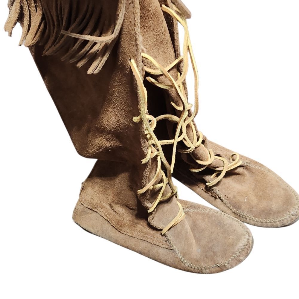 MINNETONKA Leather Moccasin Knee Boots Size 8 Fringe Boho Festival Western Indie - Picture 5 of 8